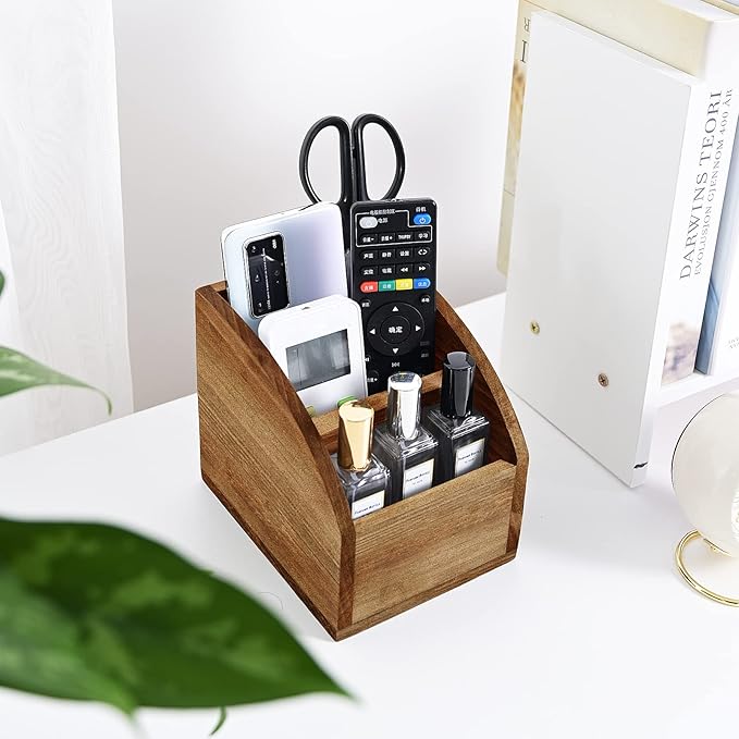 Rustic Vintage Wooden Desk Organizer Farmhouse Wood Remote Control Caddy, 3 Slot Tabletop Desktop Office Supply Storage Rack Desktop TV Remote Control Holder Home Decor Office Supplies Storage