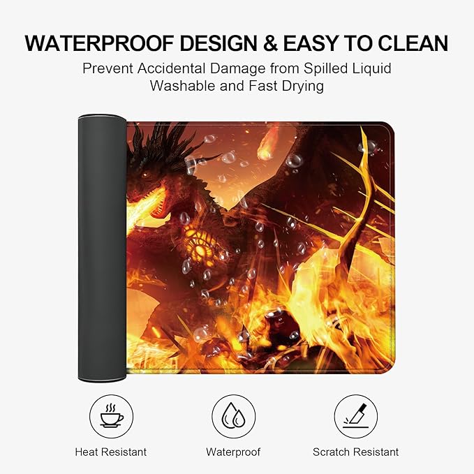 Large Desk Mat, Desk Matt for Desktop, Computer Gaming Mouse Pads, Anti-Slip Rubber Base, Stitched Edges Soft Mat for Desktop Office Home 31.5 x 11.8 Inches (Flaming Dragon)