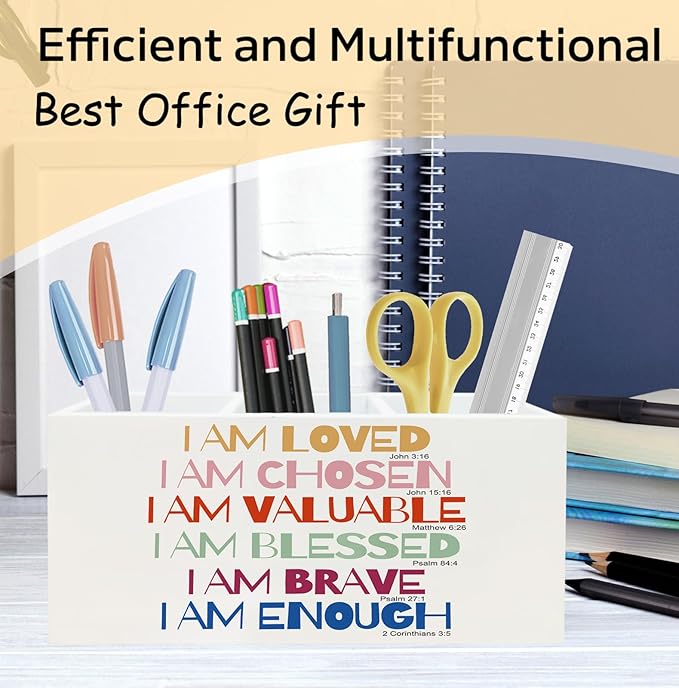 Colorful Inspirational Pen Holder for Desk Accessories,Christian Inspirational Wooden Box Sign Desk Decor for Classroom Office Decoration,Positive Bible pencil Organizer Women Gifts