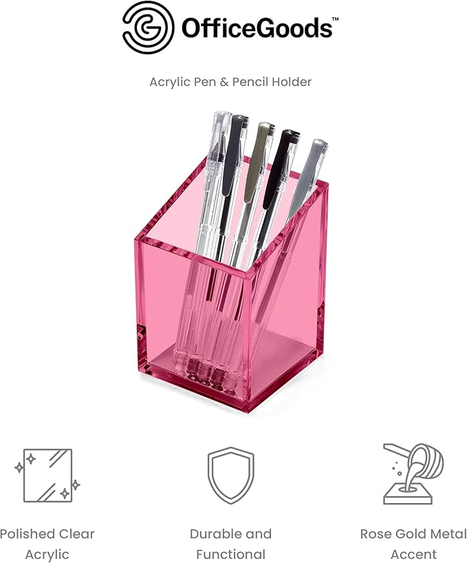 OfficeGoods Acrylic Pen & Pencil Holder - Modern Trapezoid Design - Beautiful Desk Organizer for Home or Office - Contrasting Metal Base - 3" Square w/ 3.5" Front & 4.5" Back - Pink