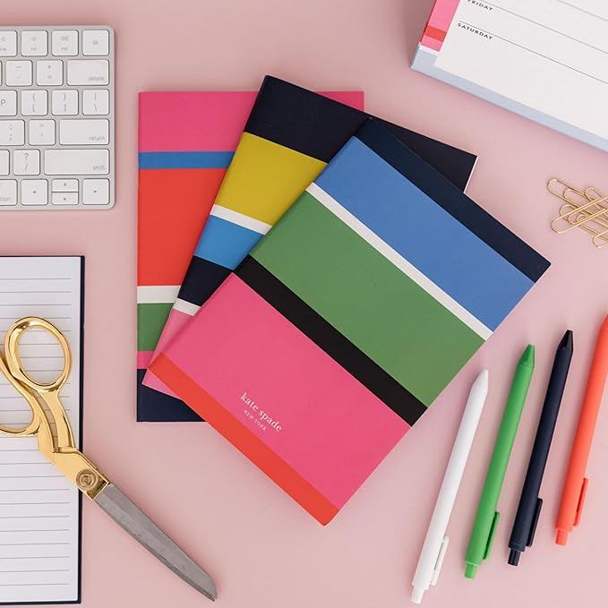 kate spade new york Soft Cover Triple Notebook Set, 3-Pack Lined Travel Journals with 80 Pages Per Book, Sunny Day Stripe