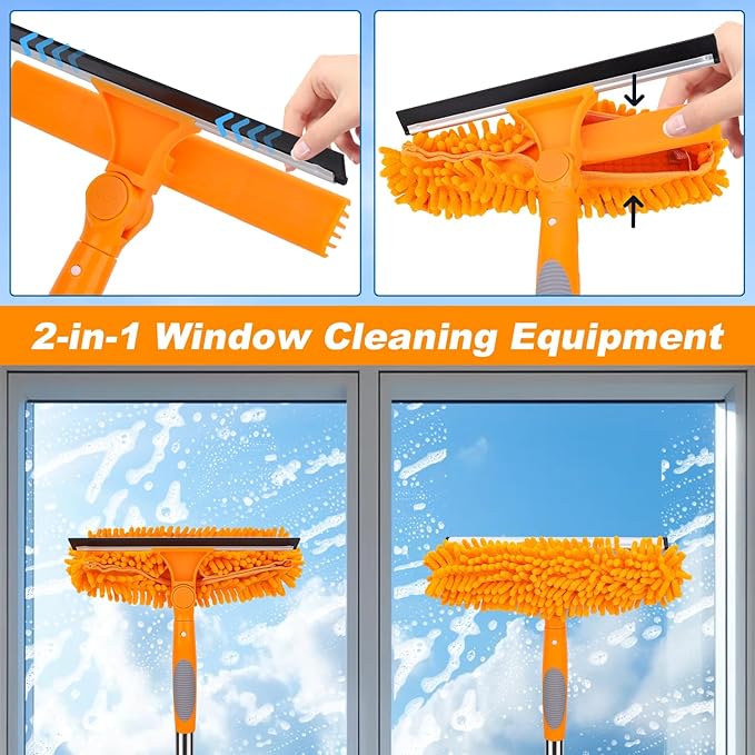 Window Squeegee Cleaner Tool with Extension Pole: 2-in-1 Window Cleaning Kit - 86.6 Inch Telescopic Long Window Cleaning Tool for High Windows Glass with 2 Microfiber Cloth & Squeegee Blade