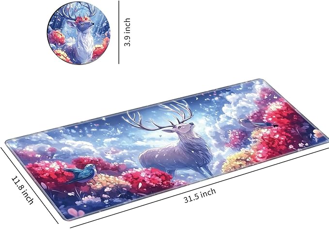 Desk Mat Large Gaming Mouse Pad (31.5x11.8 inch) with Stitched Edges, XL Mouse Pad +Coaster, Extended Mouse Mat Keybroad Mousepad Non-Slip Rubber for Gamer Men Women, White Deer