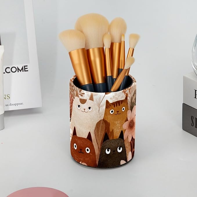 Leather Pen Holder for Desk Cute Colored Cats Pencil Cup Desktop Organizer Makeup Brush Holders Office Supplies for Home, Kids & School