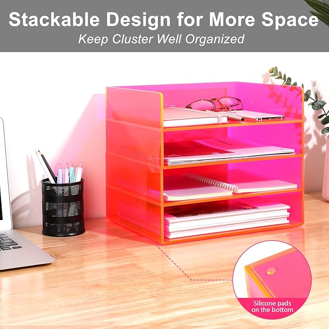 Gelite Acrylic File Organizer for Desk 4 Tiered Stackable Letter Tray Office Paper Storage Desktop Document Sorter, Neon Pink