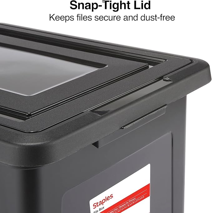 STAPLES Hanging File Folder Box, Storage Bin Organizer, Snap Lid, Letter & Legal Size Documents, Black