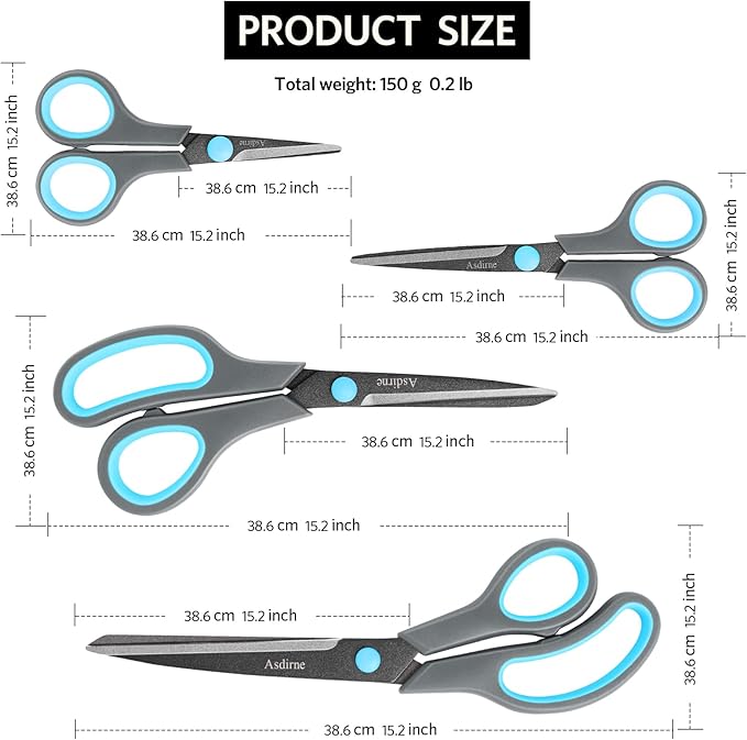Scissors, Teflon Coating All Purpose Scissors, Non-Stick Stainless Steel Blades, Ergonomic Semi-Soft Rubber Grip, Great for Craft, Office, School, Set of 4, 10"/8.5"/6"/5", Blue&Gray