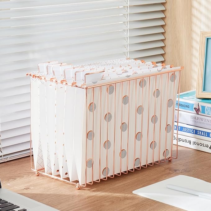 Y YOMA 1 Pack Rose Gold Desktop Hanging File Organizer | 12 Pack Rose Gold Hanging File Folders with Tabs & Insert | Letter Size Metal File Kit for Desk Home Office, I Shaped