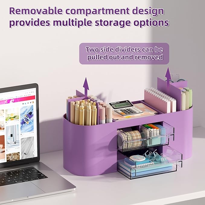 Marbrasse Pen Holder for Desk with 3 Drawers, Multi-Functional Pencil Holder, Desk Organizers and Accessories with 7 Compartments for Home, School, Classroom (Purple)