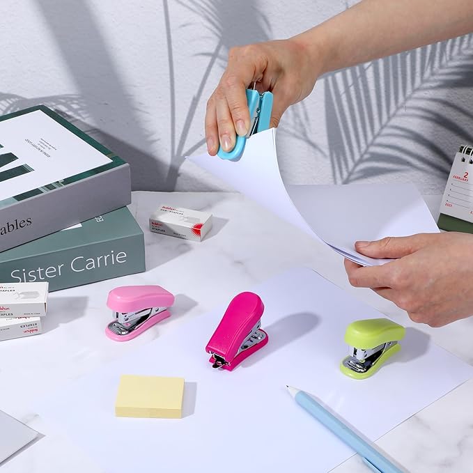 12 Pcs Mini Stapler with 12 Boxes Staple, Includes Built in Staple Remover, Desk Little Stapler for School Office Supplies (Blue, Green, Pink, Rose)
