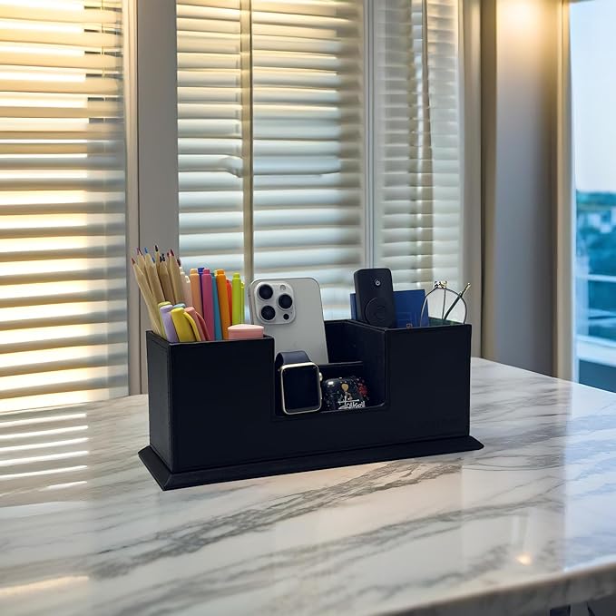 UnionBasic Desk Organizer, Desktop Caddy Leather Multi-compartment Pen Holder Office Stationer Organizer, Black