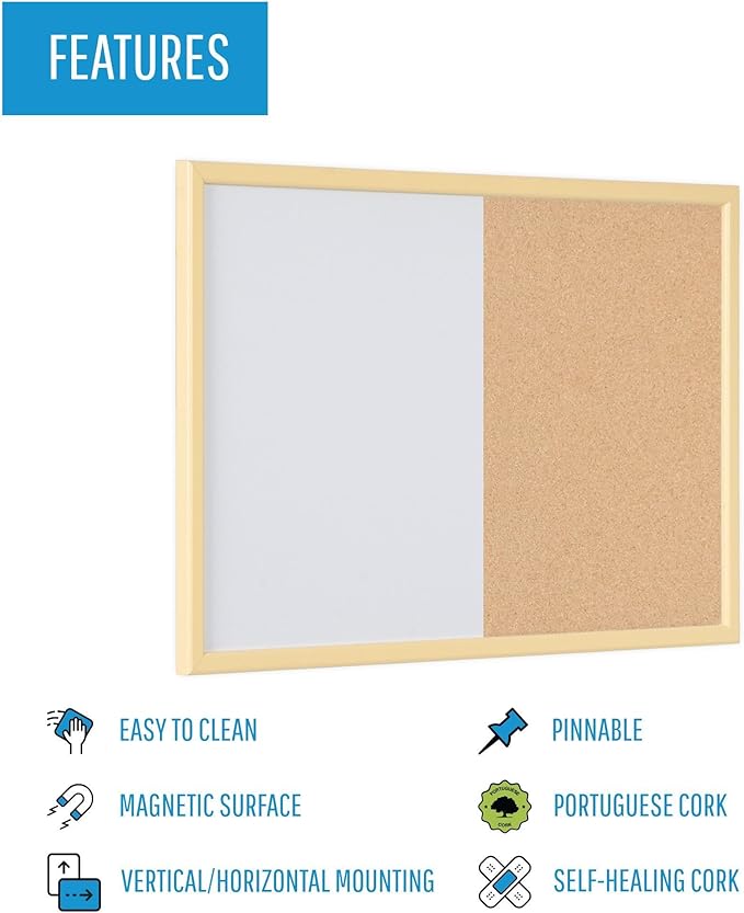 MasterVision Pastel Collection Combo Dry Erase Whiteboard/Cork Bulletin Board, Yellow Colored MDF Frame, 23.62" x 17.72"