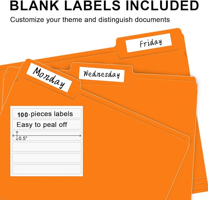 File Folder, RAZCC 100 Pack 1/3 Cut Tab File Folders Letter Size, Orange, Folders with Tab, Great for Organizing and Easy File Storage