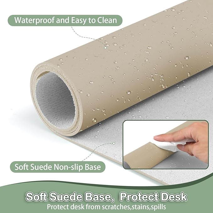Boutilon Leather Desk Pad Protector,Non-Slip Mouse Pad,Laptop Desk Pad,Office Mouse Mat,Waterproof Leather Desk Blotter,Desk Writing Pad for Office and Home (M-Beige,30"x14")