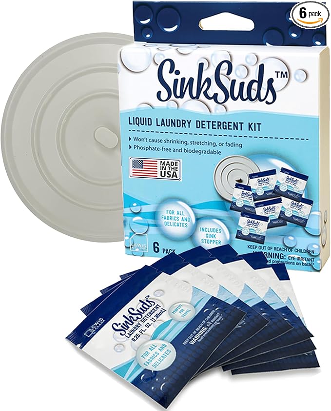 SinkSuds Laundry Detergent Travel Size Liquid Soap TSA Compliant Safe for All Fabrics 6 Packets & 1 Sink Stopper