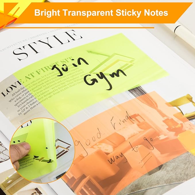 3x5 Inch Transparent Sticky Notes, 200 Sheets 4 Colors Large Translucent Self-Adhesive Clear See Through Post Sticky Notes for Office Woman School Classroom Teacher College Supplies 4 Pads