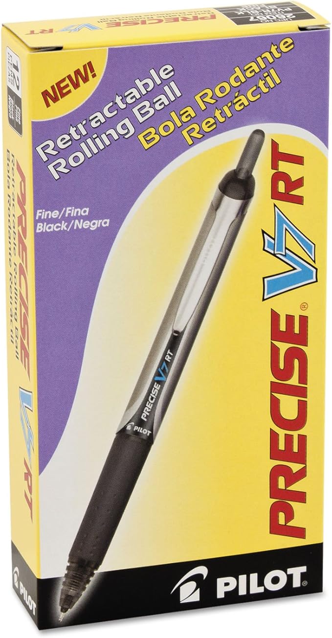 Pilot Precise V7 RT Refillable & Retractable Liquid Ink Rollerball Pens, Black Ink Pens, Fine Point (0.7 mm), 12-Pack - Ideal for School, Journaling, and Office Writing