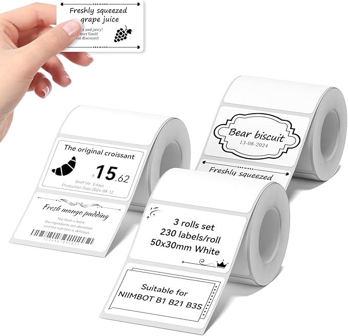 NIIMBOT Labels 3 Rolls Set for B1/B21/B31 Sticker Printer, 50x30mm (1.97'' x 1.18'') 230 Labels/Roll, Refill Labeling Tape for Home School Office Small Business (White)