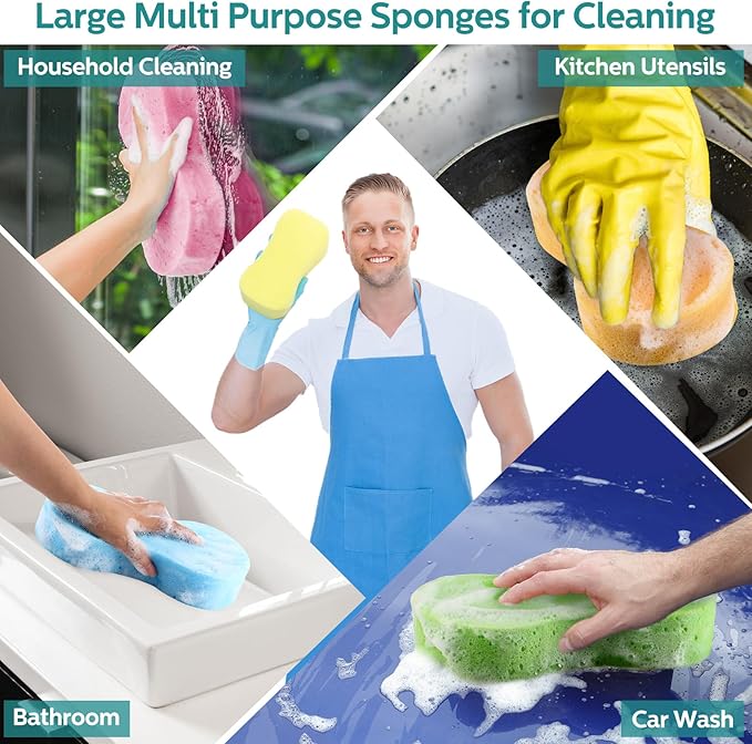 Dandat 30 Pcs Large Car Wash Sponge Multi Purpose Cleaning Scrubber Non Scratch Thick Dish Household Cleaning Sponge Foam Washing Pad Handy Scrubber for Car, Mix Colors
