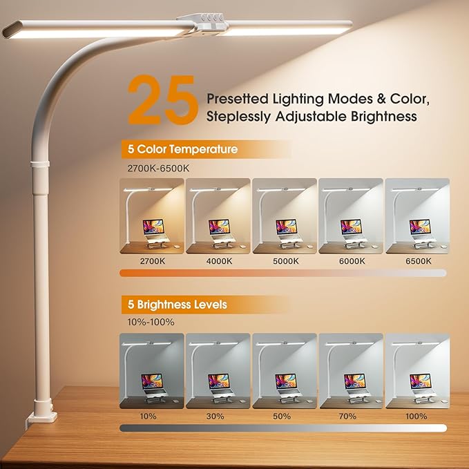 LED Desk Lamp for Home Office - Eye-Caring Computer Desk Light with Clamp, Adjustable Work Lamp with Color Changing, Dimmable Double Head Monitor Light with Gooseneck, White