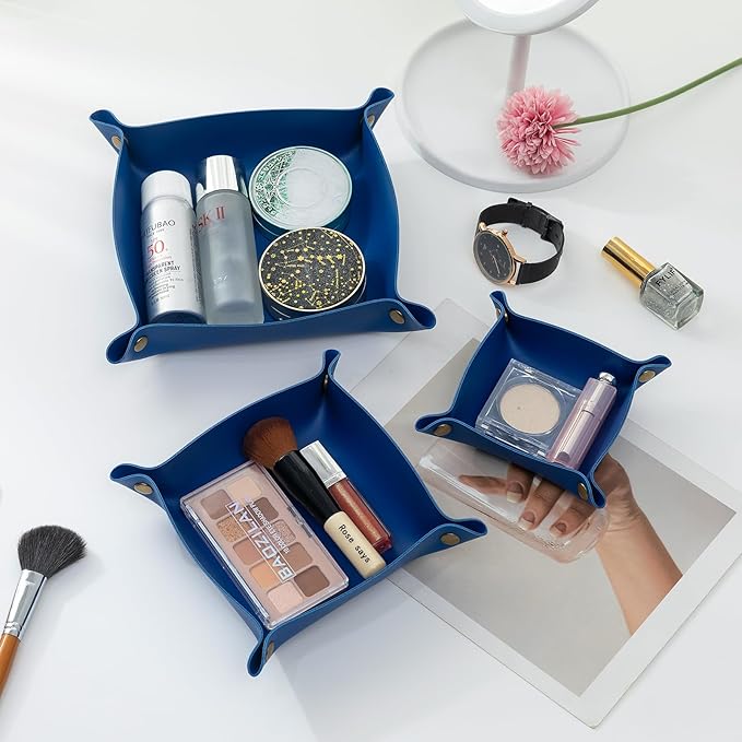 3 Packs Tskijun PU Leather Tray in 3 Sizes Jewelry Tray Glossy Leather Desk Organizer Leather Catchall Tray for Jewelry/Key/Coin/Sun Glasses/Watch/USB Cables etc. (Klein Blue)