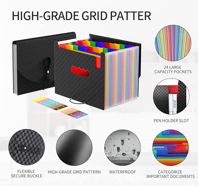 24 Pockets Expanding File Folder,Accordion File Organizer,Document Organizer Letter Size,Expandable Filing Box,Special Designed for Portable Use,Accordian Folders Plastic (Grid Rainbow)