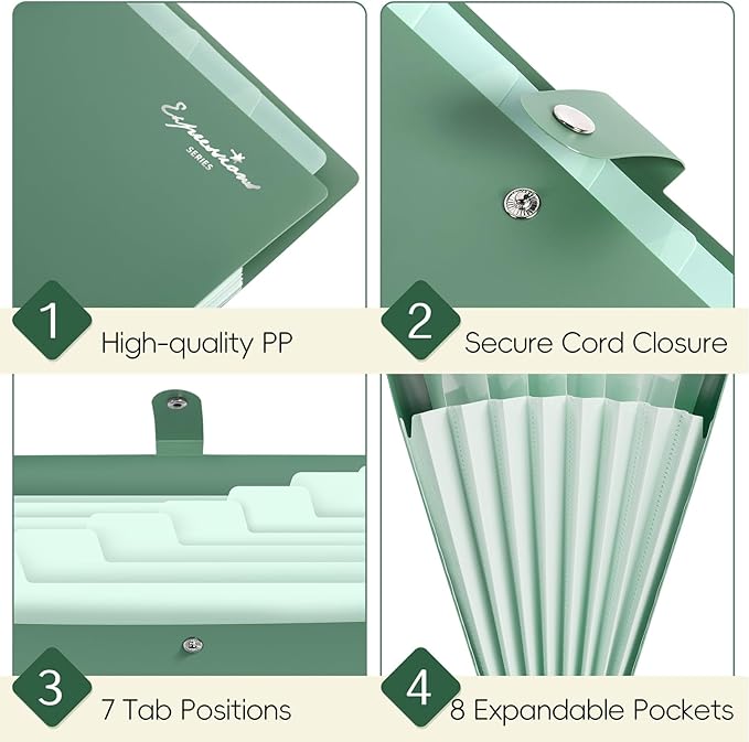 Sooez Elegant Accordion File Organizer with Labels, 8 Pocket Expanding File Folder, Portable Folders for Documents, Cute Paper Organizer for School Office Supplies, Letter Size, Burgundy