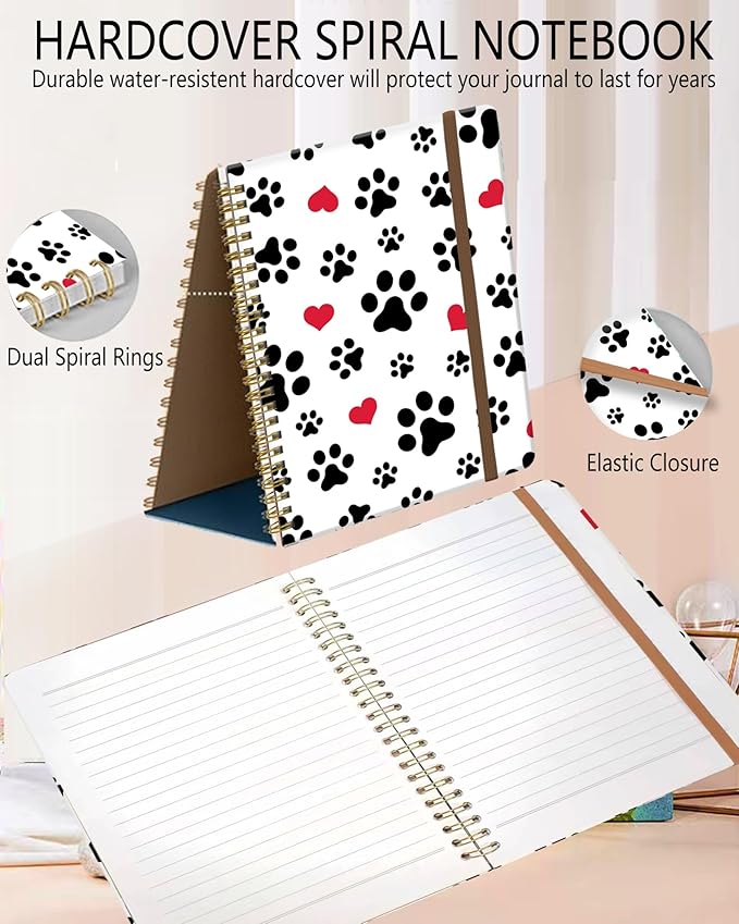 Spiral Journal Notebook, A5 Cute Notebooks for Women Men, College Ruled Hardcover Notebook for Work & Note Taking, 60 Pages Double-Wire Journals for Writing, White Cute Dog Paws