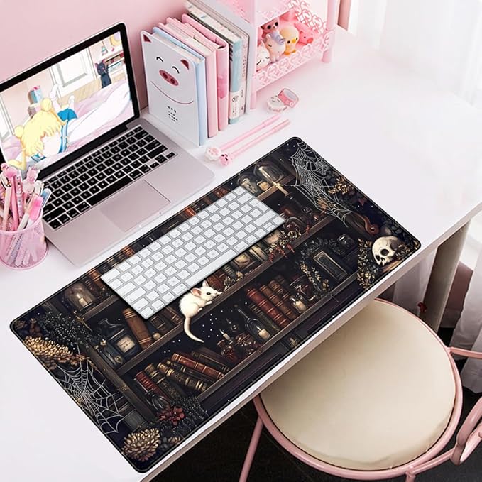 Dark Witchy Desk Mat Gaming Desk Pad Large Mouse Pad, Magician'S Fantasy Bookcase Gothic Mouse Mat XXL Laptop Keyboard Pad, Laptop Keyboard and Mouse Mat Desktop Protector Mat 31.5 X 15.7 in