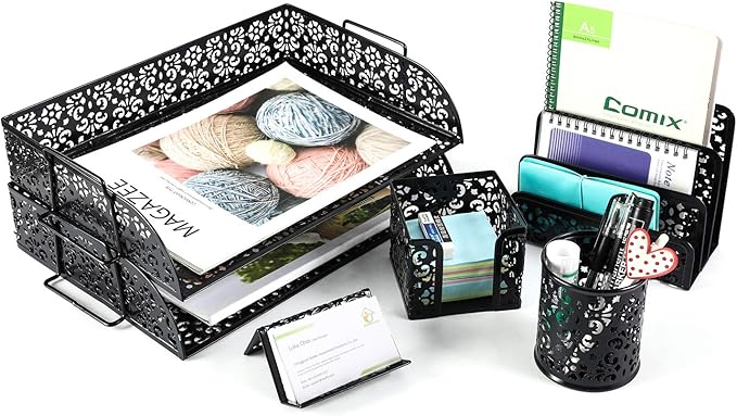 EasyPAG 5-Piece Desk Organizer Set with Carved Floral Design - No Assembly Stackable 2-Tier File Tray, Letter Sorter, Pen & Card Holders for Office/Home/Dorm, Black