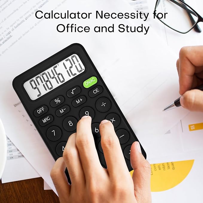 Cute Basic Four Function Calculator for Teachers & Students - Small Handheld, 8 Digit LCD Display, Sensitive Buttons, 5.5x3.2 inches Black