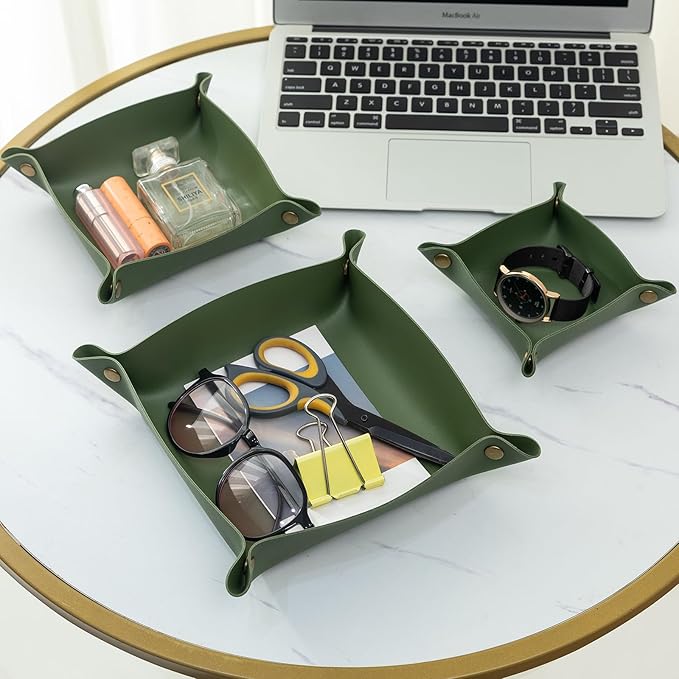 3 packs PU Leather Tray in 3 Sizes Jewelry Tray Glossy Leather Desk Organizer Leather Catchall Tray for Jewelry/Key/Coin/Sun Glasses/Watch/USB Cables etc. (Avocado green)