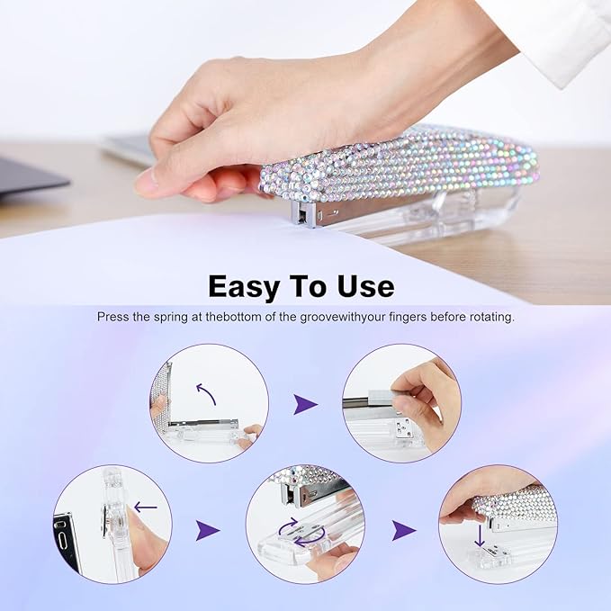 Pasted Diamond Crystal Handmade Bling Dazzling Stapler for Office, School, or Home (White&AB)