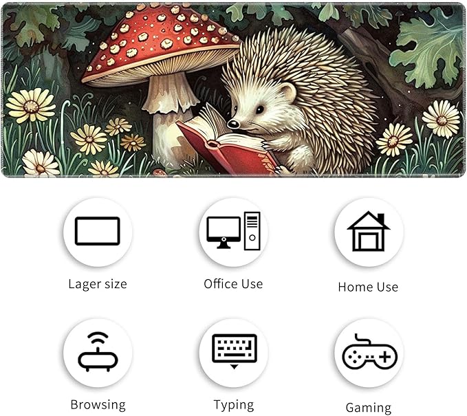 Desk Mat Large Gaming Mouse Pad (31.5x11.8 inch) with Stitched Edges, XL Mouse Pad +Coaster, Extended Mouse Mat Keybroad Mousepad Non-Slip Rubber for Gamer Men Women, Hedgehog Mushrooms
