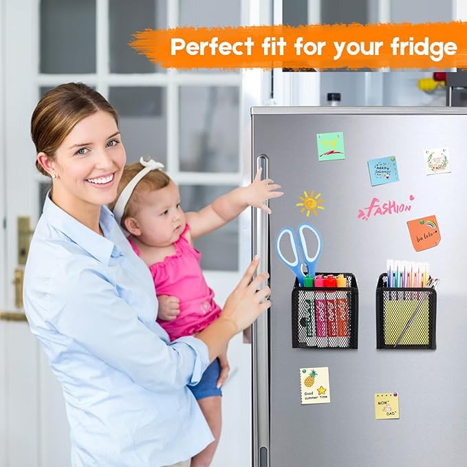 Magnetic Pencil Holder - Extra Strong Magnets Mesh Marker Holder Perfect for Whiteboard, Refrigerator and Locker Accessories (1 Basket, 2 Packs Black)