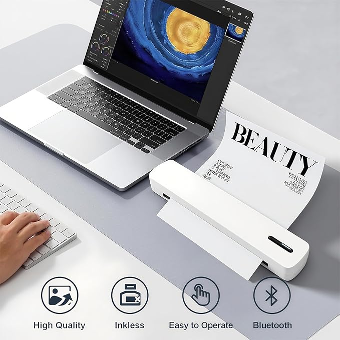 C80 Wireless Printer, Inkless Portable Printer for Travel, Supports A4 8.5 x 11 Inch Thermal Paper, Compatible with Phone & Laptop (White)