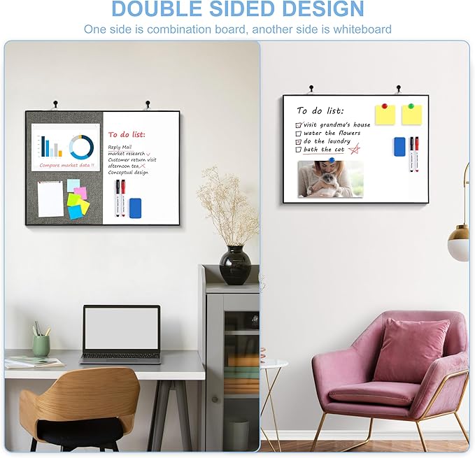 ARCOBIS Cork Board White Board Combo, 24"X18" Linen Bulletin Board Whiteboard for Wall, Double-Sided Magnetic Dry Erase Corkboard for Home, Office, School, Grey