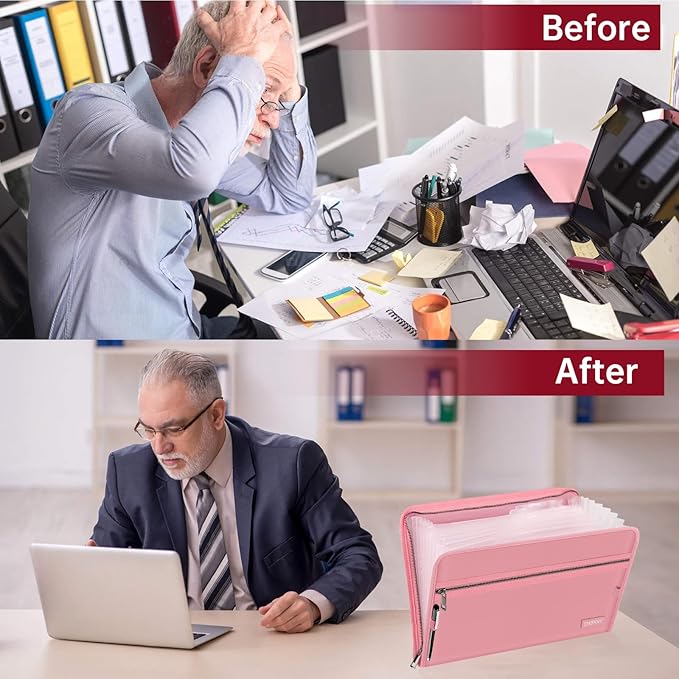 ENGPOW Accordion File Organizer,Fireproof 13 Pockets Expanding File Folder,Document Organizer Folder with Zipper＆Labels,Portable Home Travel Safe Storage for Letter A4 Files and More,Pink