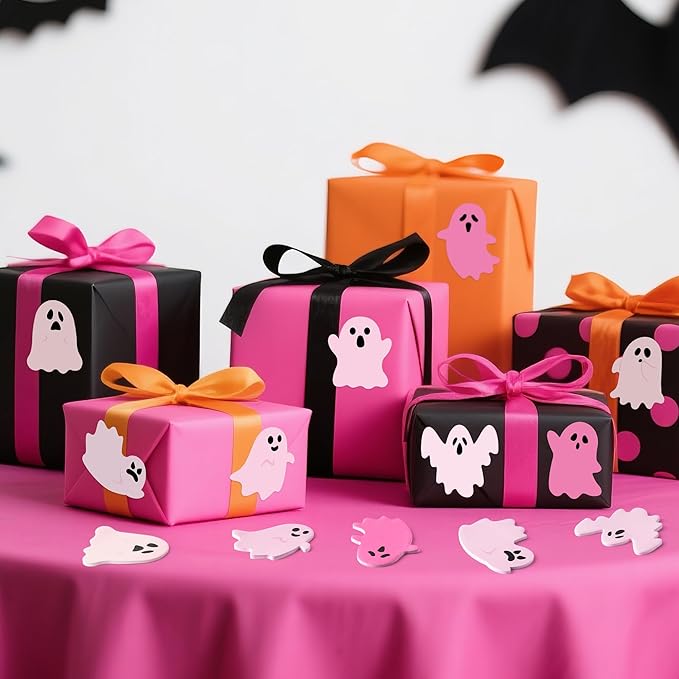 72pcs Halloween Pink Ghost Sticky Notes & Pens & Ribbons Set, Pink Little Boo Pastel Notepads Gift, Self-Stick Memo Pad for Office Classroom Halloween Back to School Party Favor Supplies