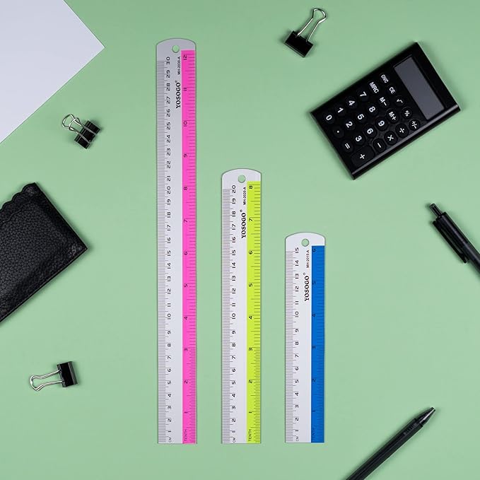 Set of 3 Aluminum Rulers of 6”, 8”, 12” in Inch and cm Scale W/Hanging Hole (Random Color)