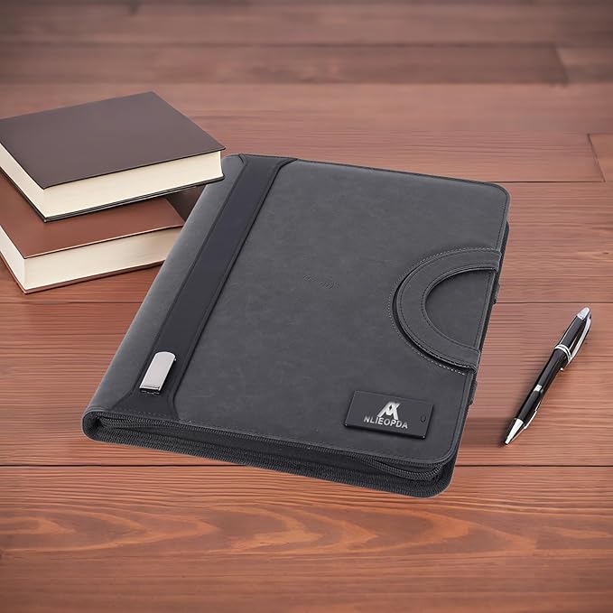 Premium Leather Padfolio with Zipper,Business Folder,Smartest Protective 10.1 Inch Tablet Sleeve,8000mAh Power Bank,Wired Charging,Presentation Slot,Solar Calculator, Card Storage, Writing Pad