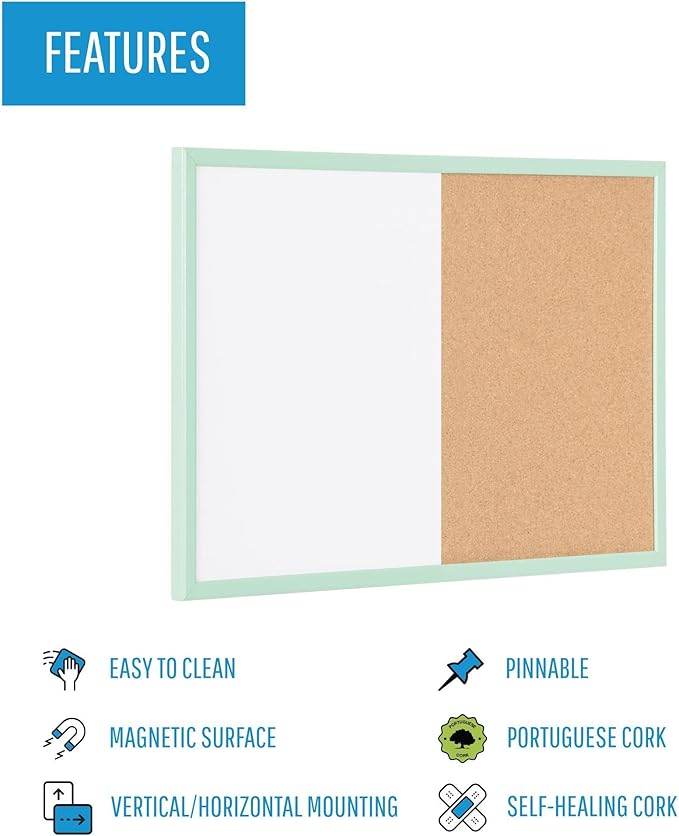MasterVision Pastel Collection Combo Dry Erase Whiteboard/Cork Bulletin Board, Green Colored MDF Frame, 23.62" x 17.72"
