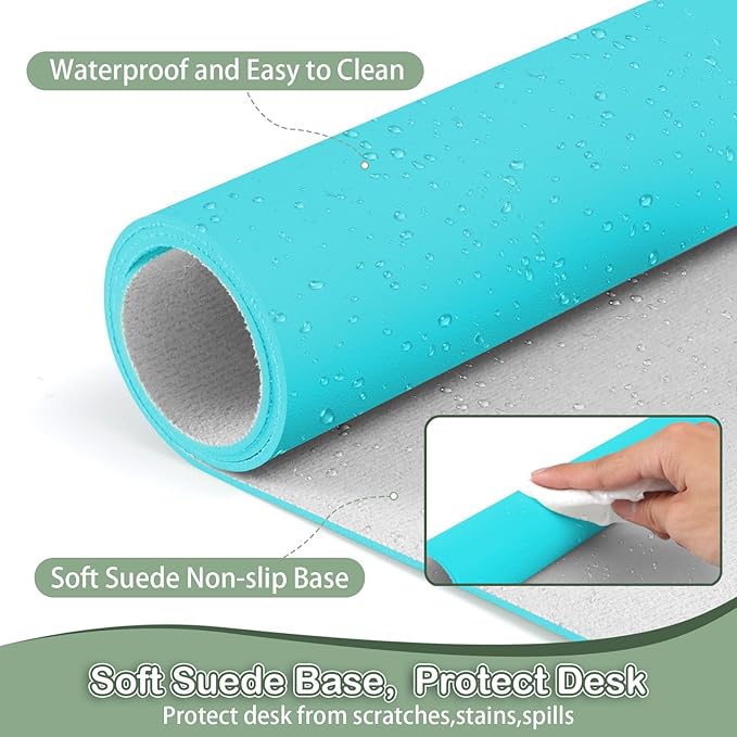 Boutilon Leather Desk Pad Protector,Non-Slip Mouse Pad,Laptop Desk Pad,Office Mouse Mat,Waterproof Leather Desk Blotter,Desk Writing Pad for Office and Home (L-Bright Blue,35"x 17")