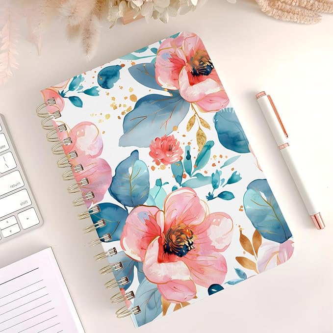 Cute Spiral Notebook journal A5 Aesthetic Pretty Floral Design for Women Girls Kawaii with Pocket, 8.5 x 5.7 inch, Pink Peony