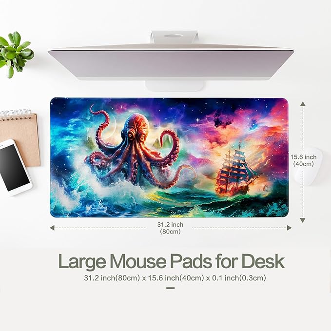 Vimorco Large Gaming Mouse Pad, Large Desk Pad Big Computer Mat Mousepad, Desk Mat Laptop Keyboard Mouse Mat for Game/Office/Home/Work 31.2x15.6 in, Octopus Monster Sailing Adventure