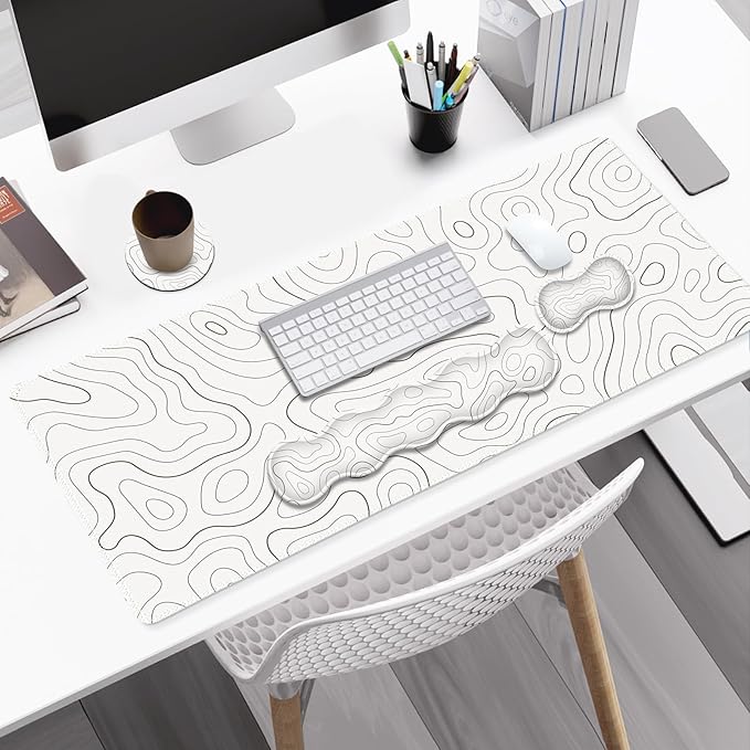 Gaming Mouse Pad Keyboard Wrist Support, 4 in1 Mousepad with Wrist Keyboard Rest, Computer Desk Mat, Non-Slip Desk Pad Protector with Memory Foam Easy Typing Pain Relief I White Topographic