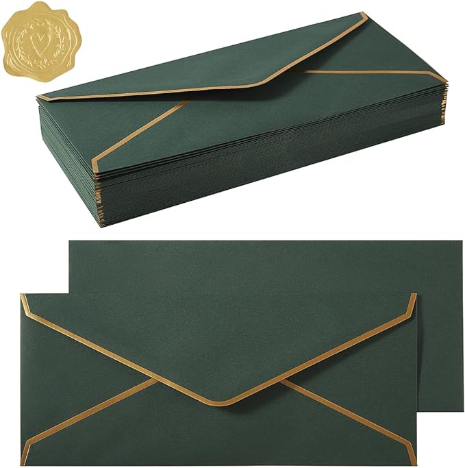 50 Pack #10 Business Envelopes with Gold Border, Self Seal Standard Envelopes with Gold Stickers for Office, Checks, Letter Mailing, Invoices, 4 1/8 x 9 1/2 Inches (Dark Green)