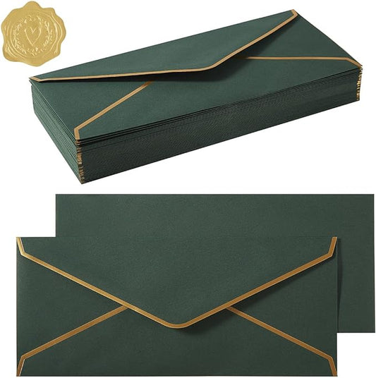 50 Pack #10 Business Envelopes with Gold Border, Self Seal Standard Envelopes with Gold Stickers for Office, Checks, Letter Mailing, Invoices, 4 1/8 x 9 1/2 Inches (Dark Green)