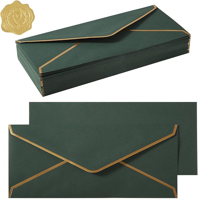 100 Pack #10 Business Envelopes with Gold Border, Self Seal Standard Envelopes with Gold Stickers for Office, Checks, Letter Mailing, Invoices, 4 1/8 x 9 1/2 Inches (Dark Green)