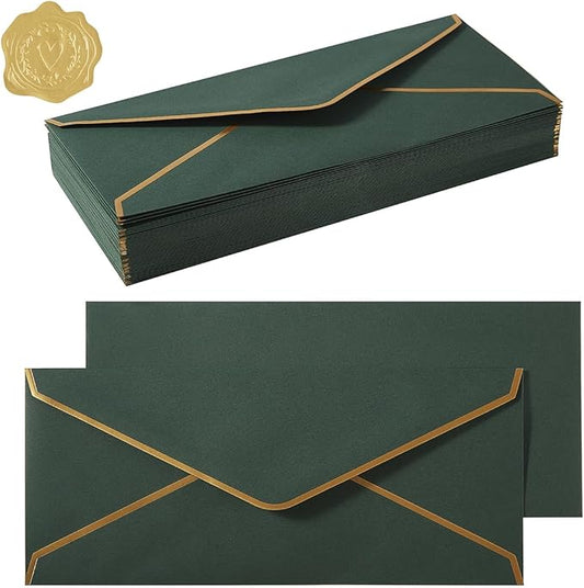 100 Pack #10 Business Envelopes with Gold Border, Self Seal Standard Envelopes with Gold Stickers for Office, Checks, Letter Mailing, Invoices, 4 1/8 x 9 1/2 Inches (Dark Green)